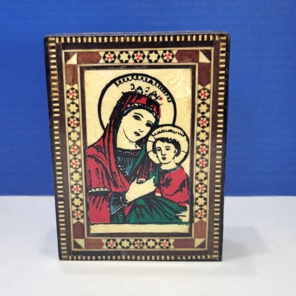 Vintage Inlaid Wooden Box Virgin Mary and Jesus - Picture 1 of 5
